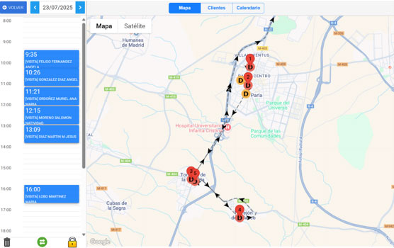 aplicación de gestión de rutas llamada "VODER", con un itinerario planificado para el 23 de julio de 2025