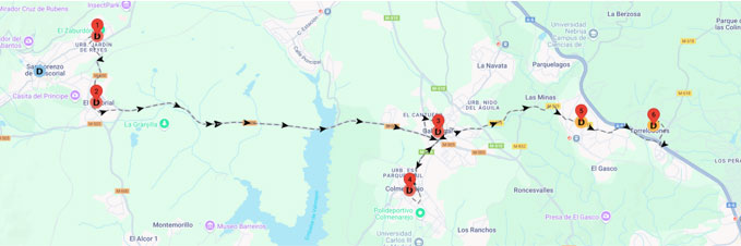 una ruta que pasa por varias urbanizaciones y puntos de interés en la Comunidad de Madrid, España, como parte de lo que parece ser una ruta cicloturista o de senderismo